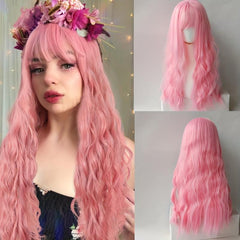 Synthetic Lolita Long Water Wave Pink Wigs With Bangs For Women