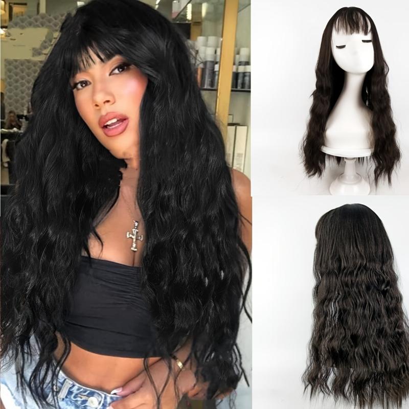 Synthetic Lolita Long Water Wave Pink Wigs With Bangs For Women