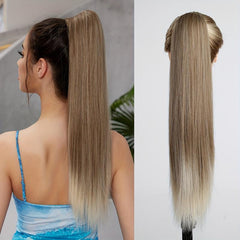 Long Straight Ponytail Extension Wrap Around Ponytail Synthetic Hair Blond