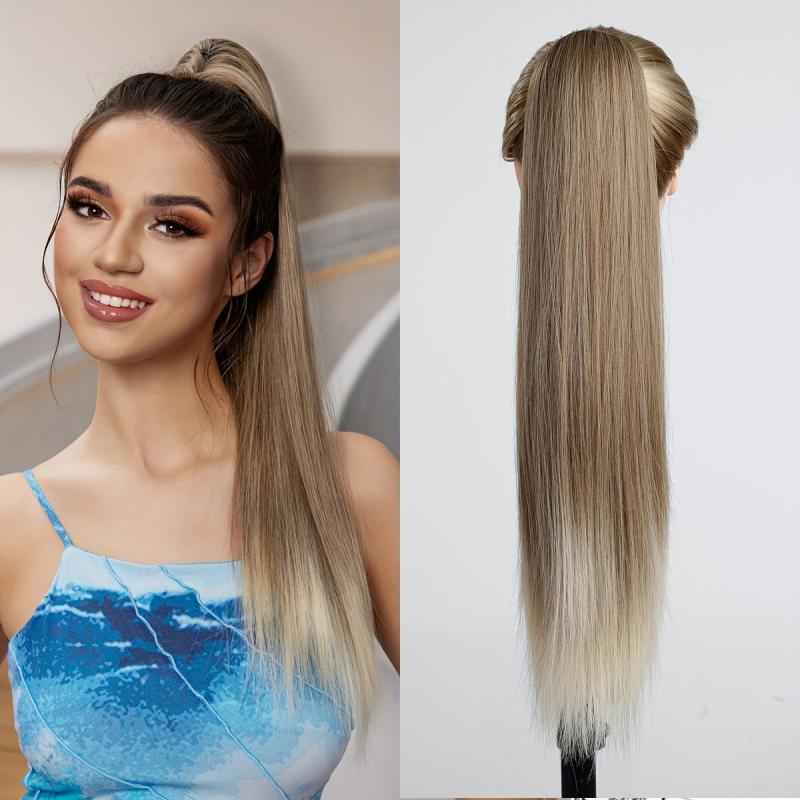 Long Straight Ponytail Extension Wrap Around Ponytail Synthetic Hair Blond