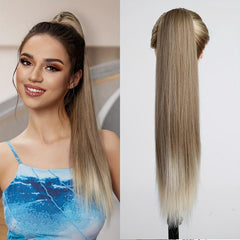 Long Straight Ponytail Extension Wrap Around Ponytail Synthetic Hair Blond