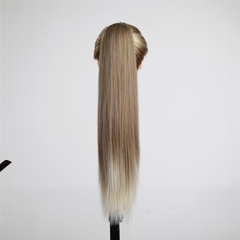 Long Straight Ponytail Extension Wrap Around Ponytail Synthetic Hair Blond
