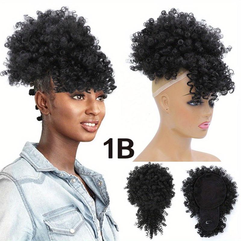 Short Afro Curly Hair Bun With Bangs Synthetic Chignon Wigs