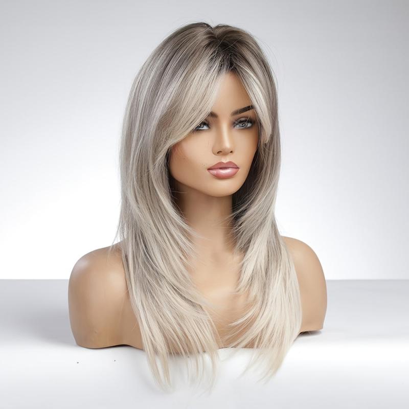 Ombre Grey Blonde Layered Wig With Bangs