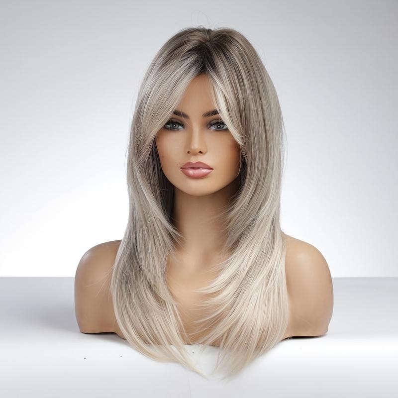 Ombre Grey Blonde Layered Wig With Bangs