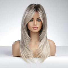 Ombre Grey Blonde Layered Wig With Bangs