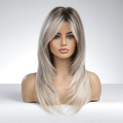 Ombre Grey Blonde Layered Wig With Bangs