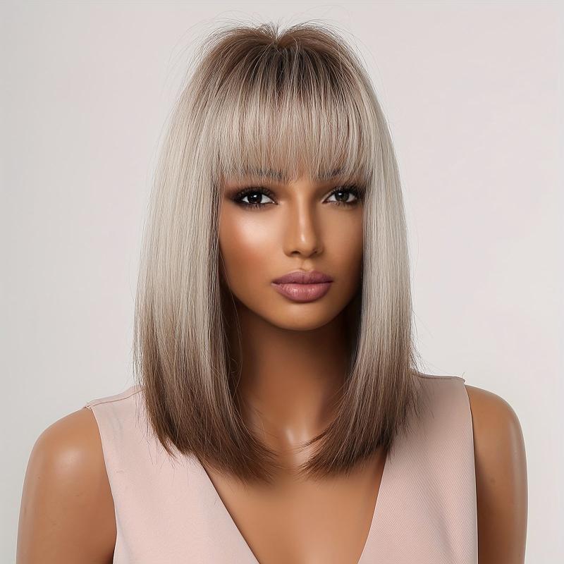 Champagne Blonde Straight Hair Wig With Bangs - Ideal for Daily Wear and Cosplay