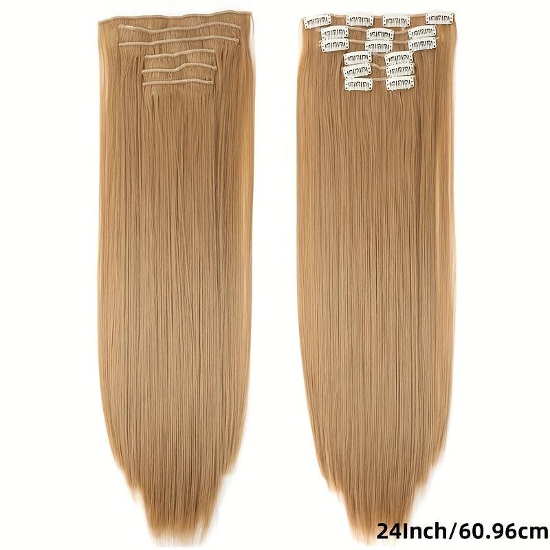 6Pcs Full Head Clip In Hair Extension Synthetic Silky Straight 16 Clips