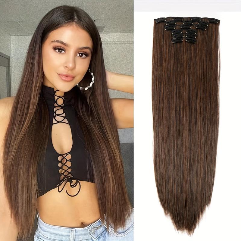 6Pcs Full Head Clip In Hair Extension Synthetic Silky Straight 16 Clips