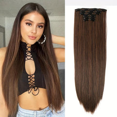 6Pcs Full Head Clip In Hair Extension Synthetic Silky Straight 16 Clips