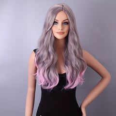 Colorful Long Curly Wavy Wig With Bangs Synthetic Wig Highlight Red Purple