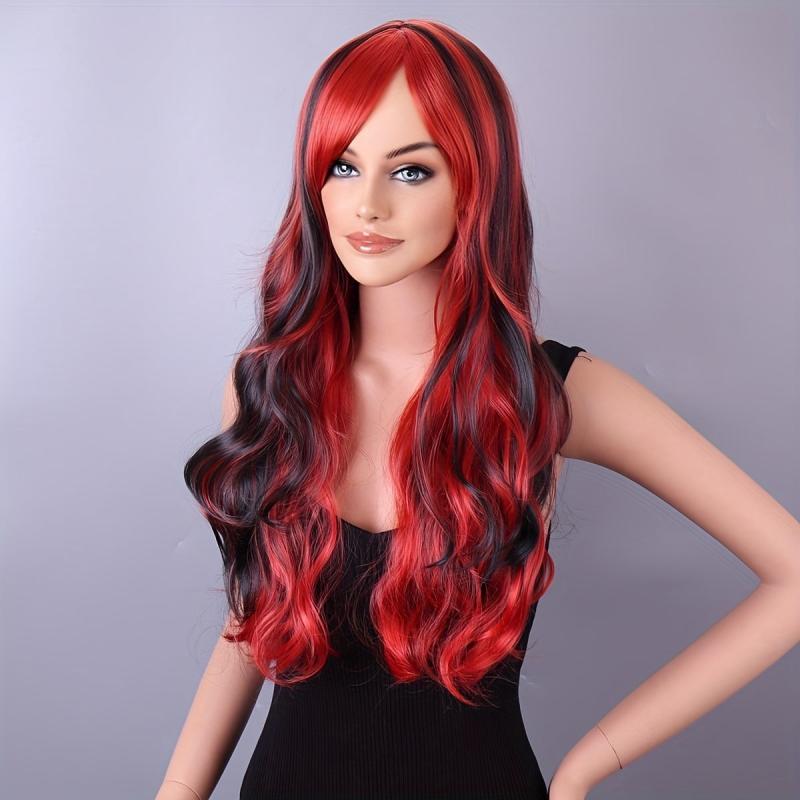 Colorful Long Curly Wavy Wig With Bangs Synthetic Wig Highlight Red Purple