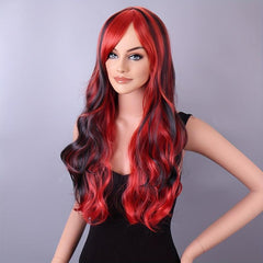 Colorful Long Curly Wavy Wig With Bangs Synthetic Wig Highlight Red Purple