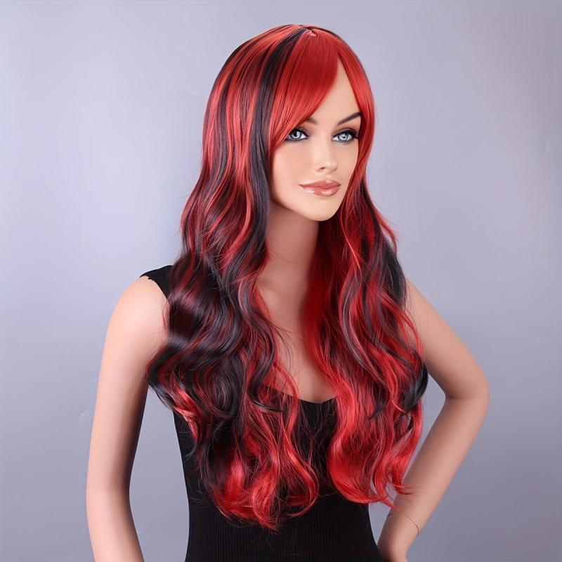 Colorful Long Curly Wavy Wig With Bangs Synthetic Wig Highlight Red Purple