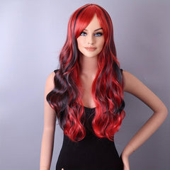 Colorful Long Curly Wavy Wig With Bangs Synthetic Wig Highlight Red Purple
