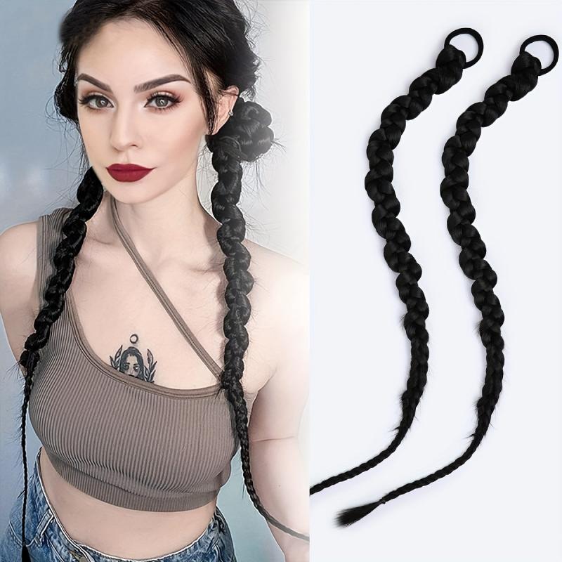 Long Braided Ponytail Extension With Elastic Hair Tie Straight Wrap Around