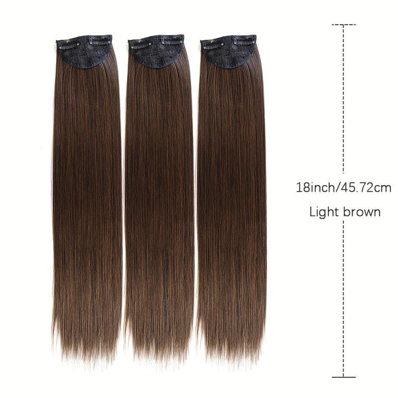 3PCS Clip In Hair Extensions 18 24 Inch Natural Soft Straight Hairpieces Brown