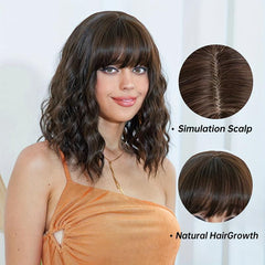 Wavy Dark Brown Wig With Bangs Shoulder Length Synthetic Wig