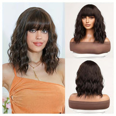 Wavy Dark Brown Wig With Bangs Shoulder Length Synthetic Wig