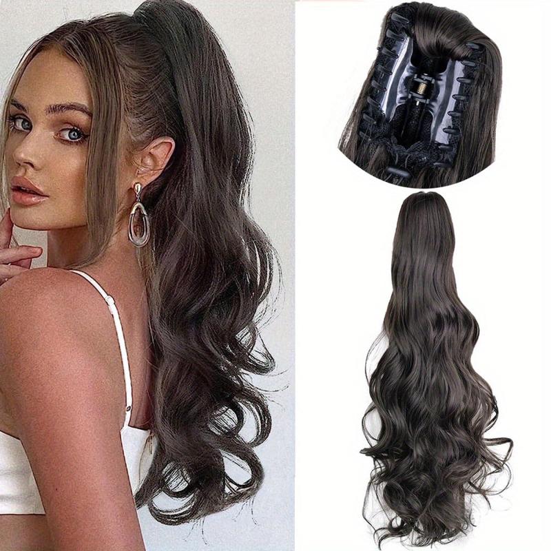 Wavy Brown Ponytail Extension Claw Clip 50cm Long Synthetic Hair Wig for Women