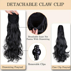 Wavy Brown Ponytail Extension Claw Clip 50cm Long Synthetic Hair Wig for Women
