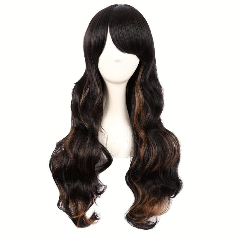 28in Long Curly Synthetic Wig With Side Bangs High Temp Fiber Party Wig