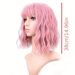 Pink Short Bob Curly Wavy Hair Wig with Air Bangs