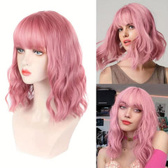 Pink Short Bob Curly Wavy Hair Wig with Air Bangs