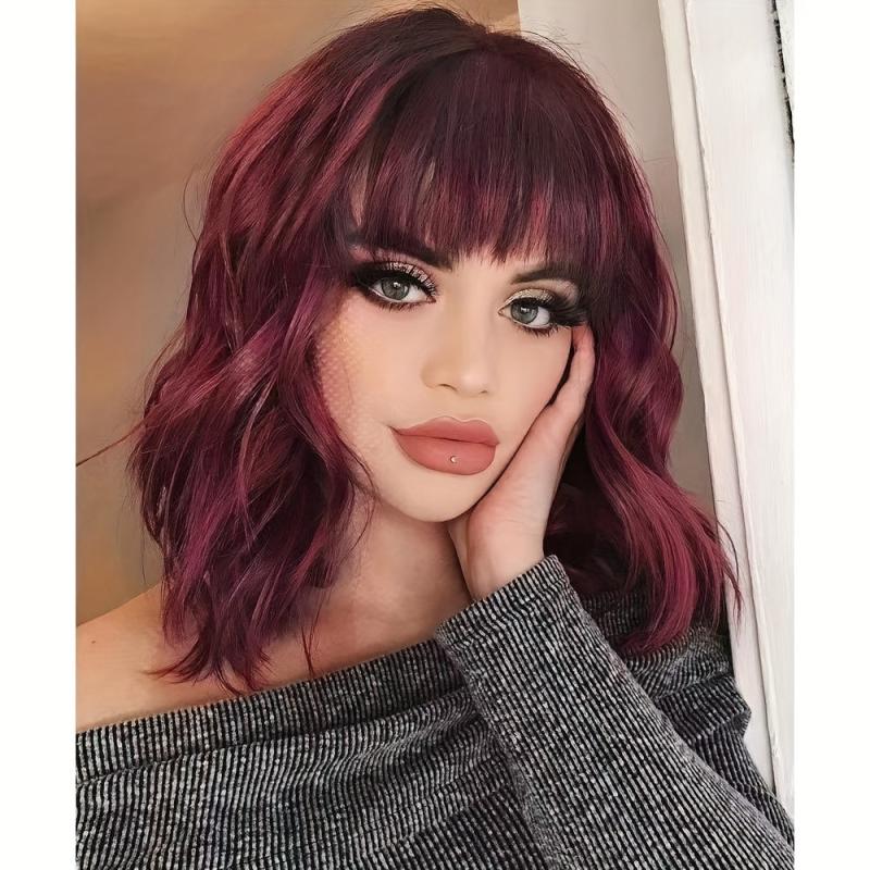 Pink Short Bob Curly Wavy Hair Wig with Air Bangs
