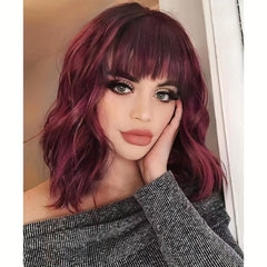 Pink Short Bob Curly Wavy Hair Wig with Air Bangs