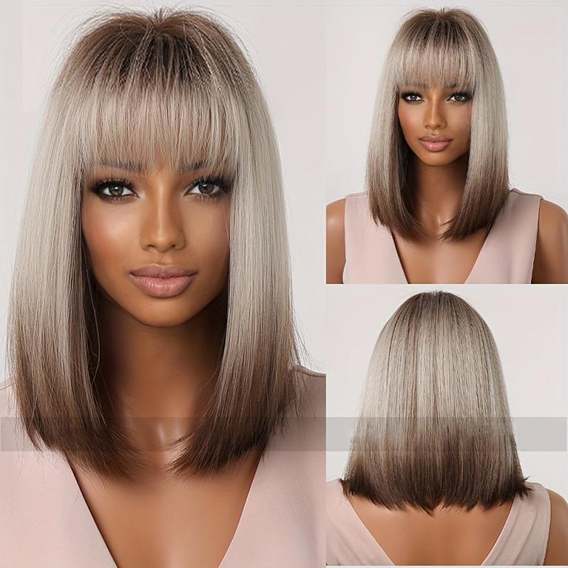 Gradient Gray Short Bob Wig With Bangs Women's Wigs