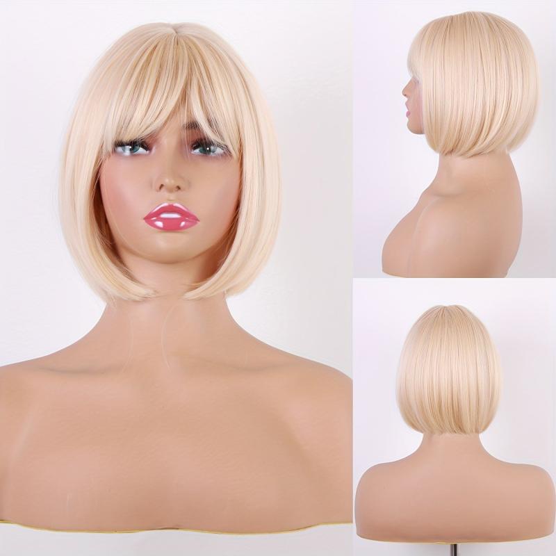 Blonde Bob Wig with Bangs Short Synthetic Cosplay Wig for Women Realistic Scalp