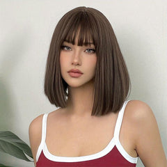 Straight Pink Bob Wigs With Bangs Synthetic Wigs For Daily Use