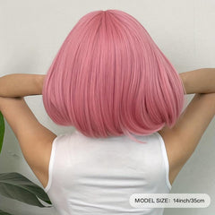 Straight Pink Bob Wigs With Bangs Synthetic Wigs For Daily Use