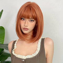Straight Pink Bob Wigs With Bangs Synthetic Wigs For Daily Use