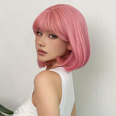 Straight Pink Bob Wigs With Bangs Synthetic Wigs For Daily Use