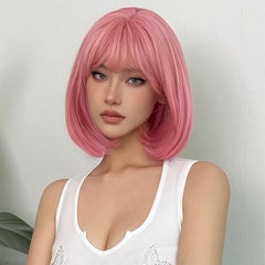 Straight Pink Bob Wigs With Bangs Synthetic Wigs For Daily Use