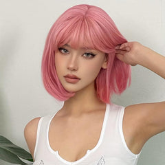 Straight Pink Bob Wigs With Bangs Synthetic Wigs For Daily Use