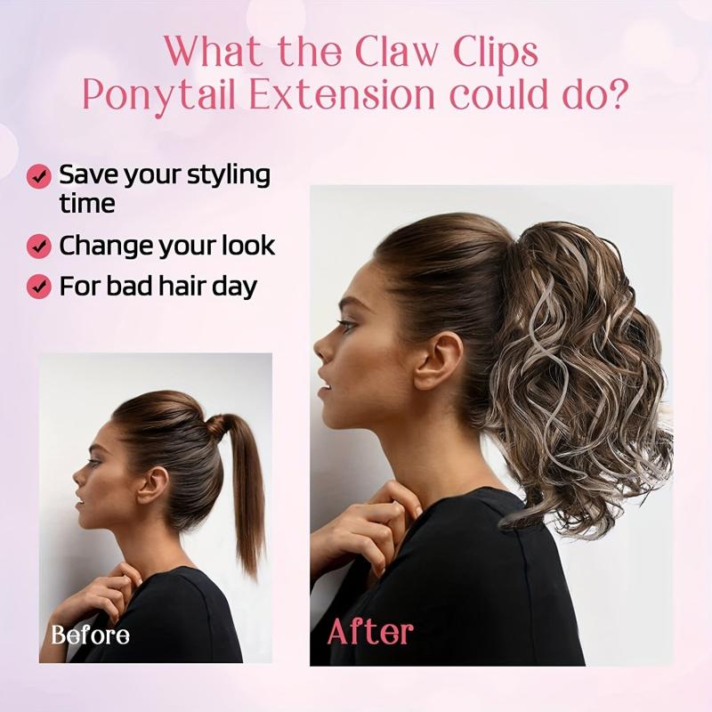 Short Curly Ponytail Hair Extensions Claw Clip Natural Wavy Synthetic Hairpiece