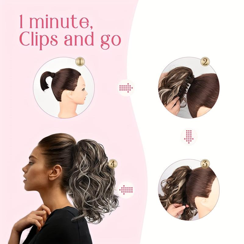 Short Curly Ponytail Hair Extensions Claw Clip Natural Wavy Synthetic Hairpiece