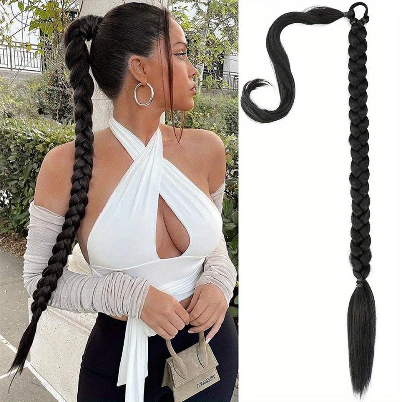 Long Braided Ponytail Extension Hair Tie Y2K Straight Ponytail Hair Extensions