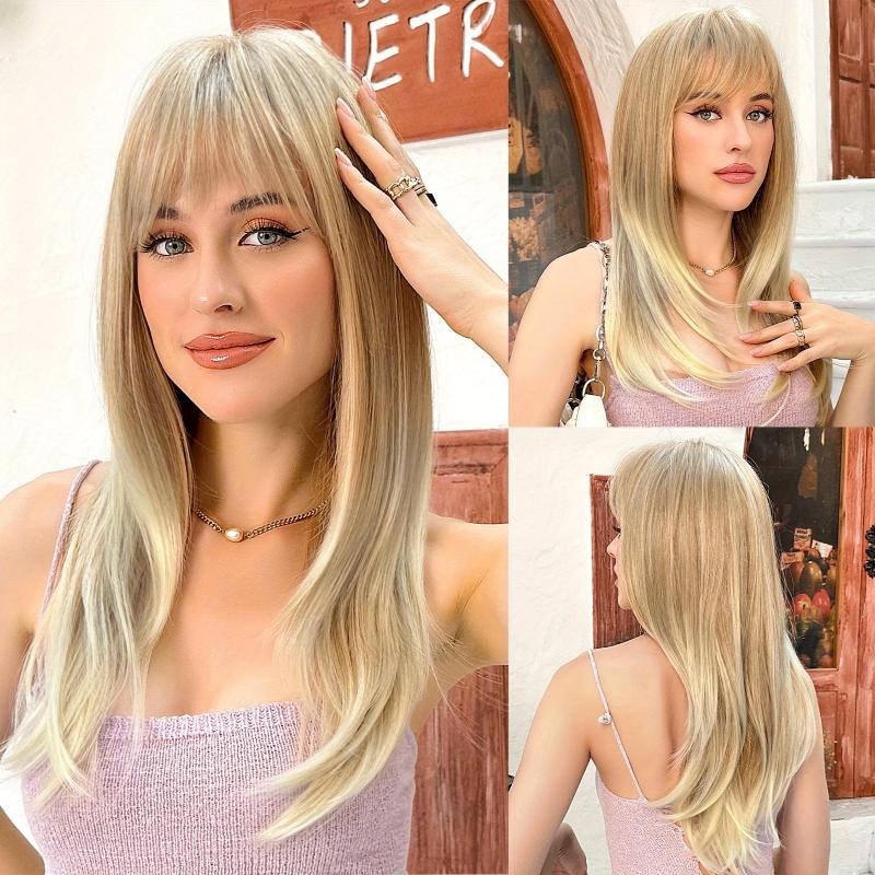 Ombre Brown Straight Layered Wig with Bangs