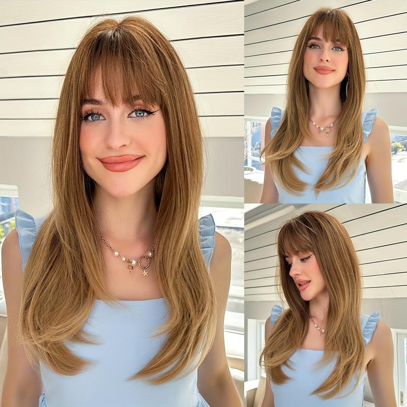 Ombre Brown Straight Layered Wig with Bangs