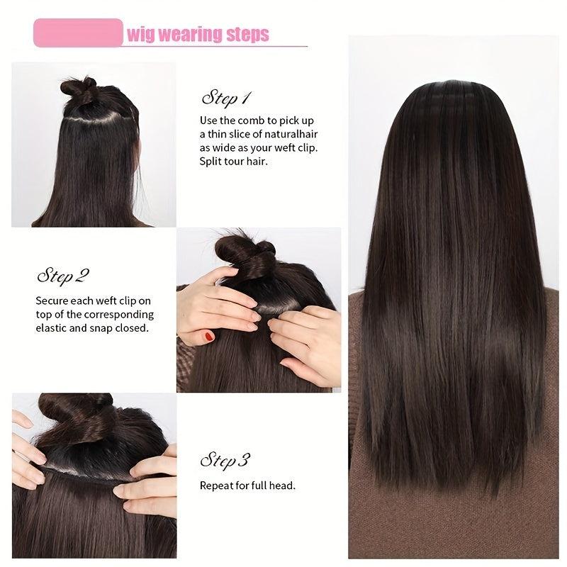 Long Straight Hair Extensions with 4 Clips Natural Brown Clip In One Piece