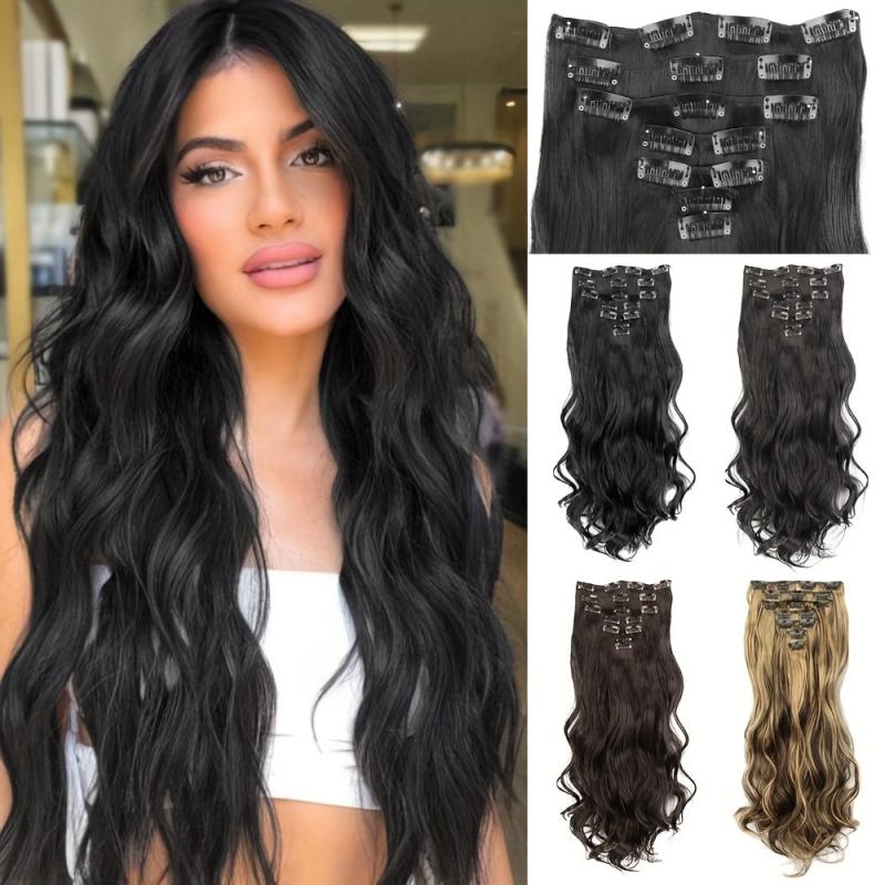 Long Wavy Hair Extensions 16 Clips In Hairpieces Heat Resistant Synthetic Hair