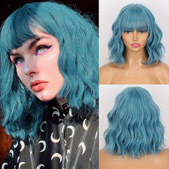 Curly Wavy Hair Wigs With Bangs Synthetic Bob Wigs for Daily Party Use 30 cm