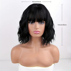 Curly Wavy Hair Wigs With Bangs Synthetic Bob Wigs for Daily Party Use 30 cm