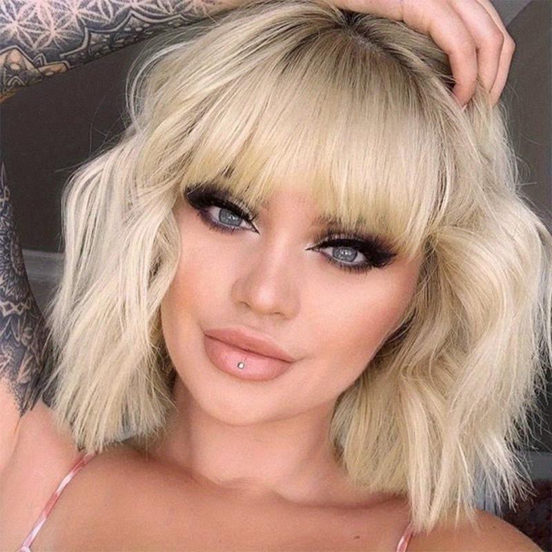 Curly Wavy Hair Wigs With Bangs Synthetic Bob Wigs for Daily Party Use 30 cm