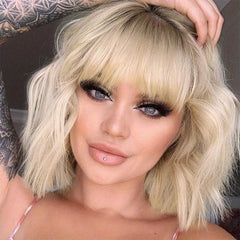 Curly Wavy Hair Wigs With Bangs Synthetic Bob Wigs for Daily Party Use 30 cm